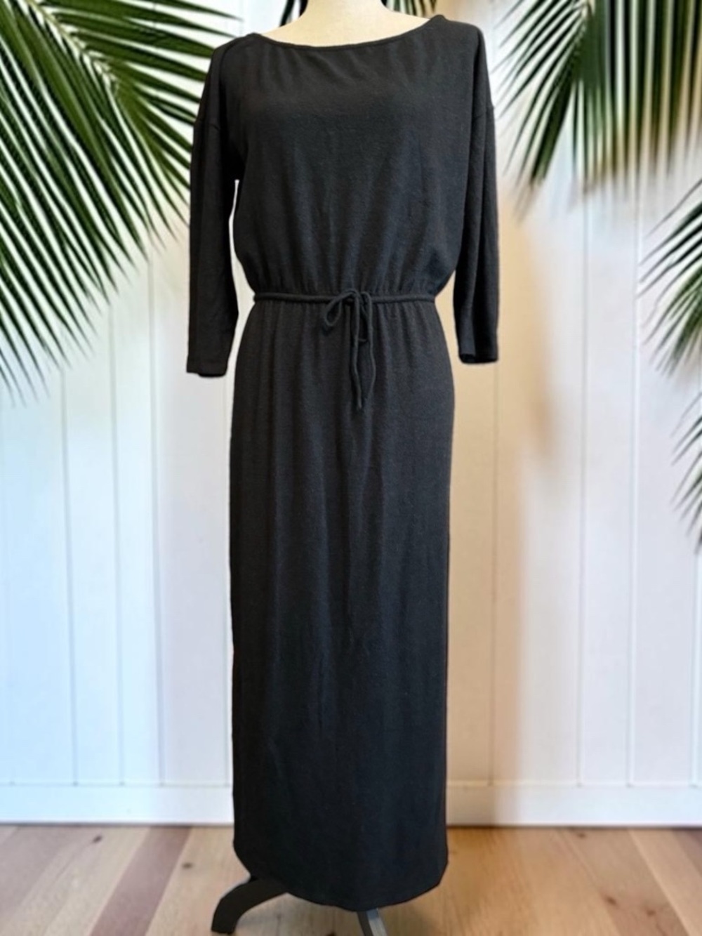 Soft Joie Black Maxi Dress Drawstring Waist Side Slit Long Sleeve - Minimalist
